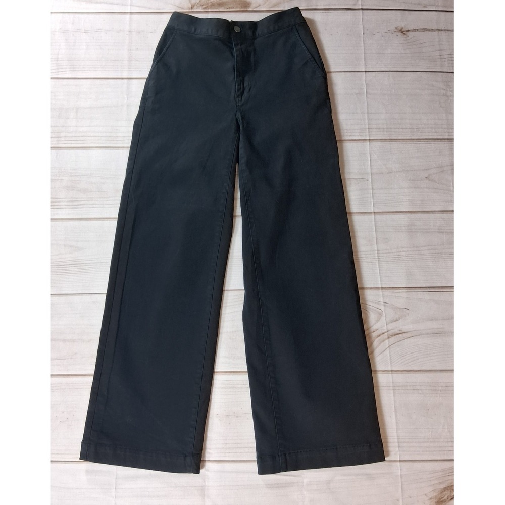 OAK + FORT Twill Wide Leg Pants Long Length Black Sz 2 Snap Elastic Stretch